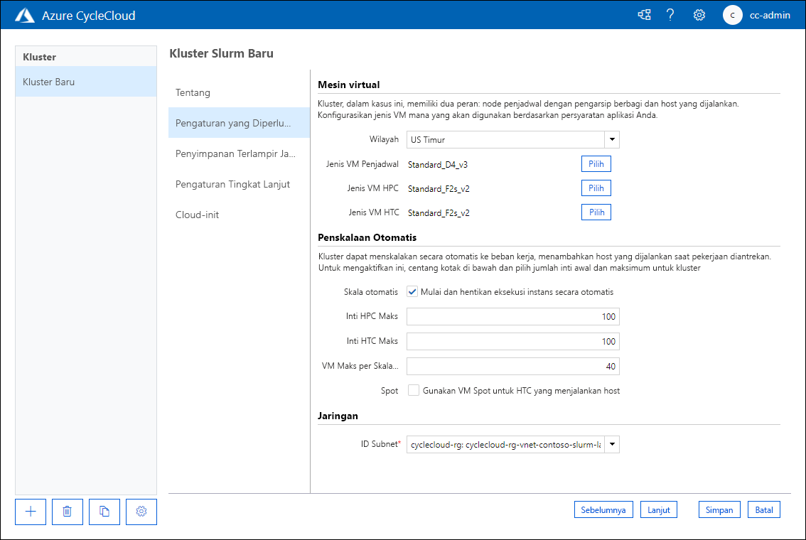 Cuplikan layar yang memperlihatkan tab Pengaturan yang Diperlukan dari halaman Kluster Slurm Baru dari aplikasi web Azure CycleCloud.