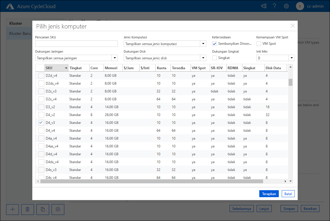 Cuplikan layar yang memperlihatkan tab jendela pop-up Pilih jenis komputer dari halaman Kluster Slurm Baru dari aplikasi web Azure CycleCloud.