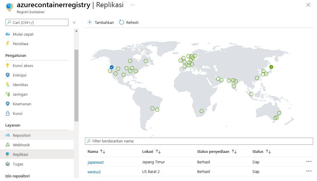 Cuplikan layar peta dunia registri kontainer Azure yang menunjukkan lokasi yang direplikasi dan tersedia.