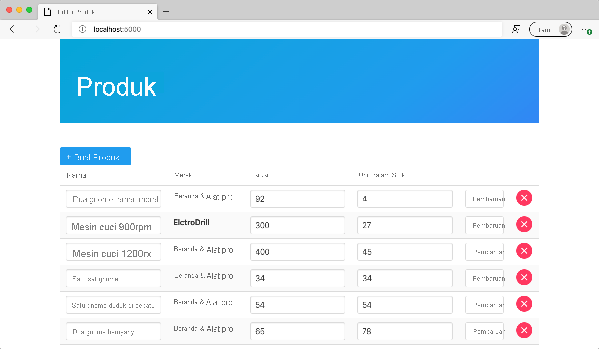 Cuplikan layar browser web yang menunjukkan aplikasi Pengelola Produk yang ditampilkan berisi data.