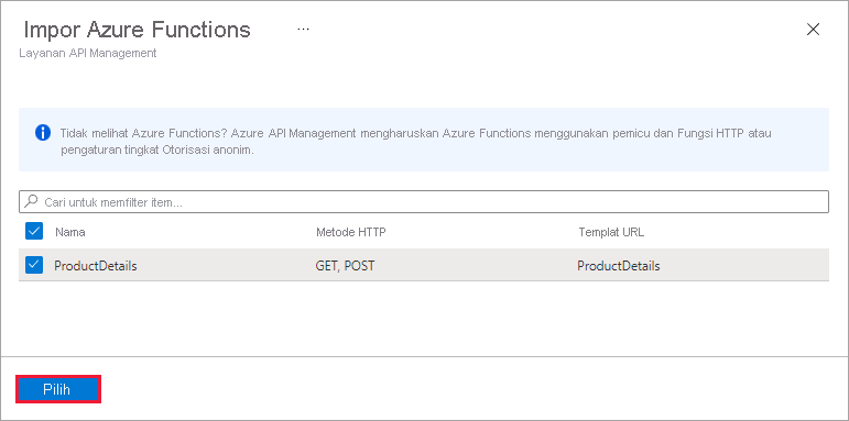 Screenshot showing the Import Azure Functions API Management service pane.