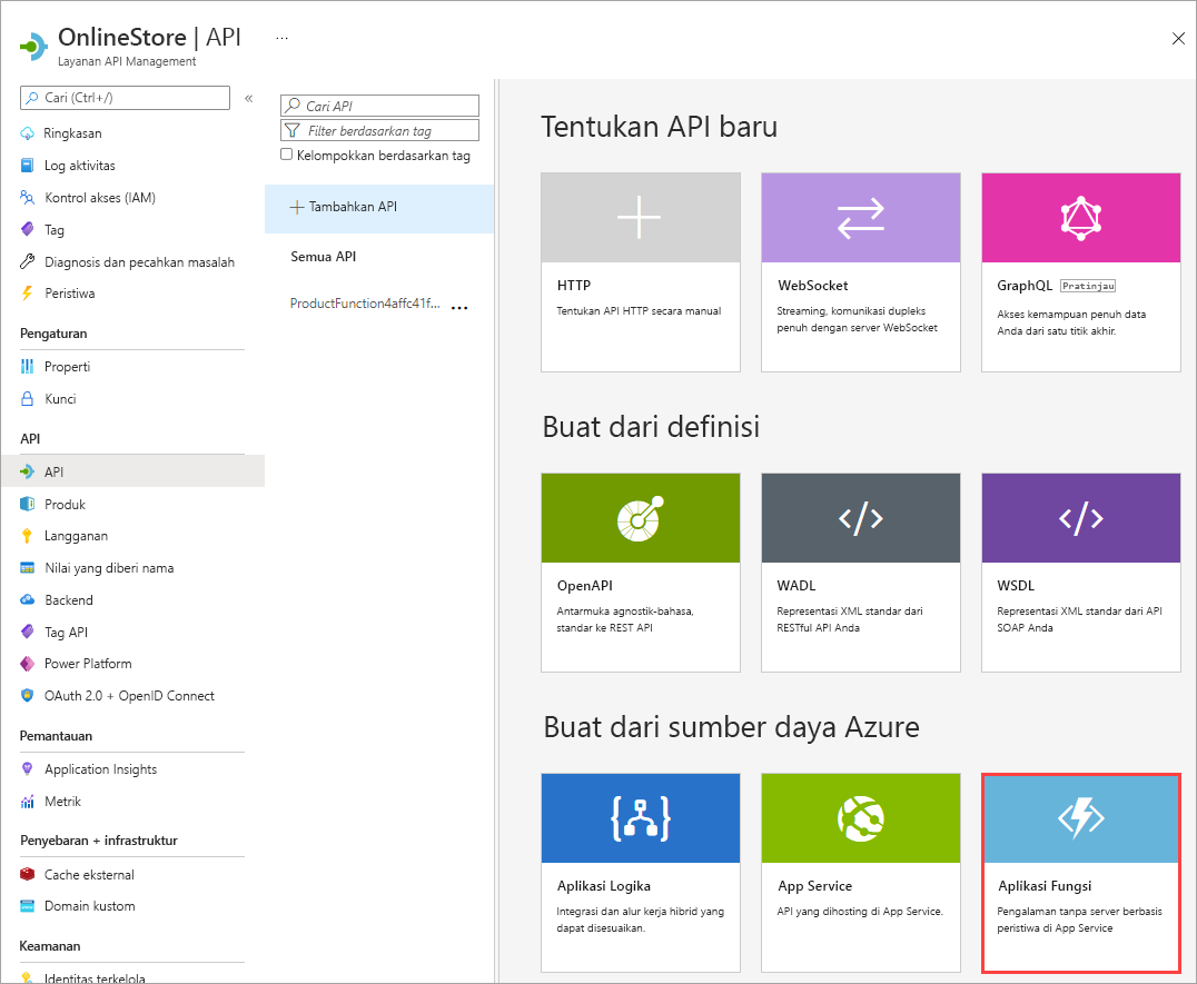 Screenshot of the Add a New API screen with a callout highlighting the Azure Function App option.
