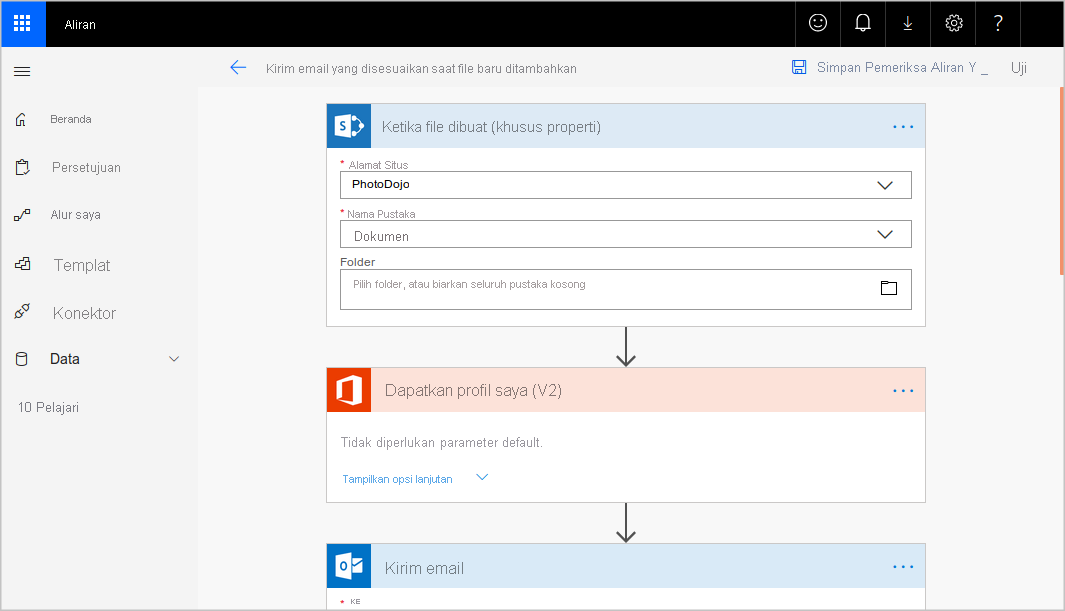Screenshot of the Microsoft Power Automate designer showing a workflow with a file trigger, an Office action to get a user's profile and an Outlook action to send an email.