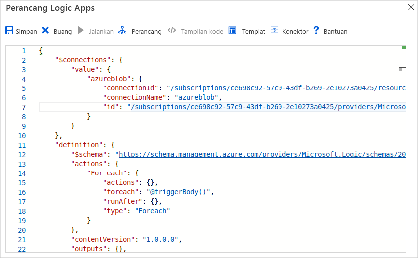 Screenshot of the Logic Apps code editor in the Azure portal.