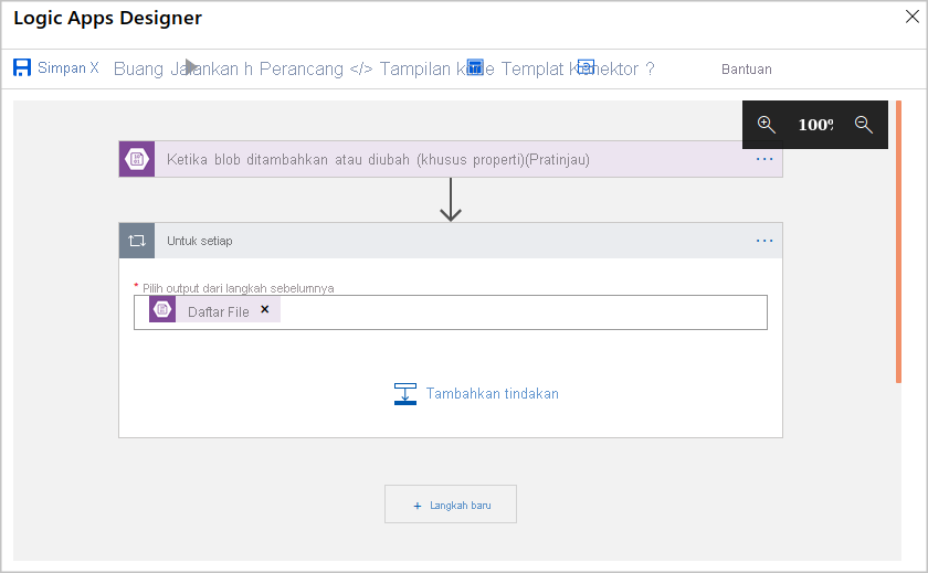 Screenshot of the Logic Apps workflow designer in the Azure portal.
