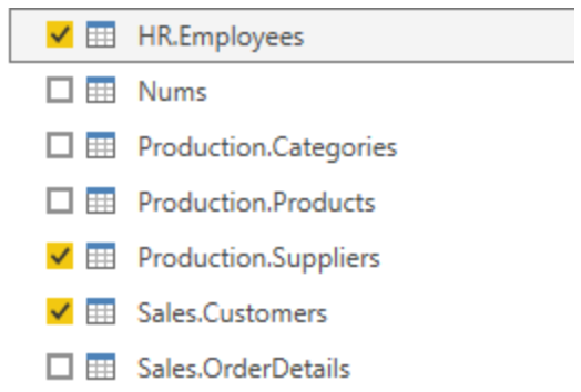 Cuplikan layar memilih tabel di Editor Power Query