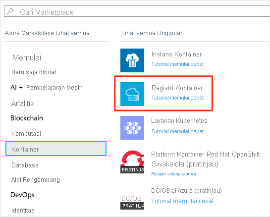 Screenshot that shows the New pane in Azure portal showing the Container options available in Azure Marketplace.