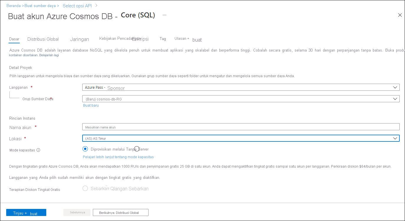 Screenshot of the Basics tab of the Create Azure Cosmos DB Account pane in the Azure portal.