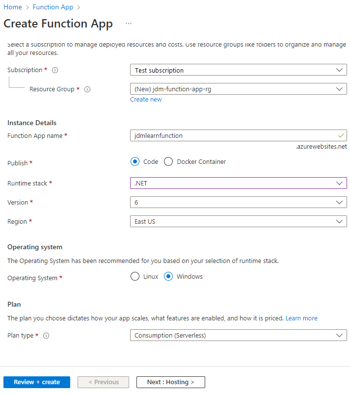 Screenshot of the Basics tab of the Create Function App pane in the Azure portal.