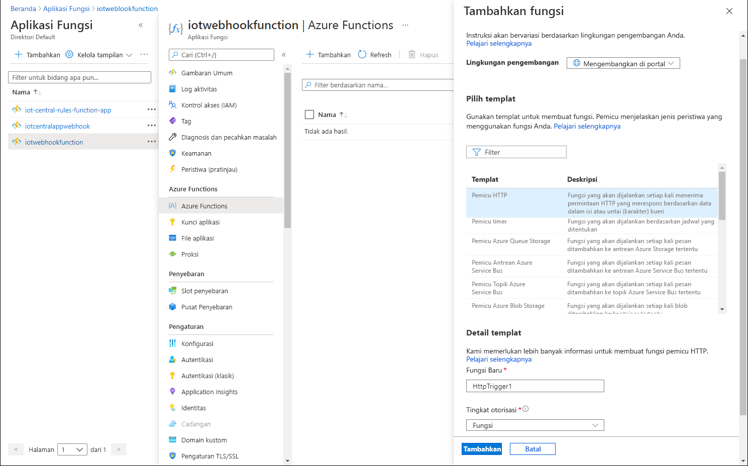 Screenshot of the 'Add function' pane of the Azure Function app in the Azure portal.