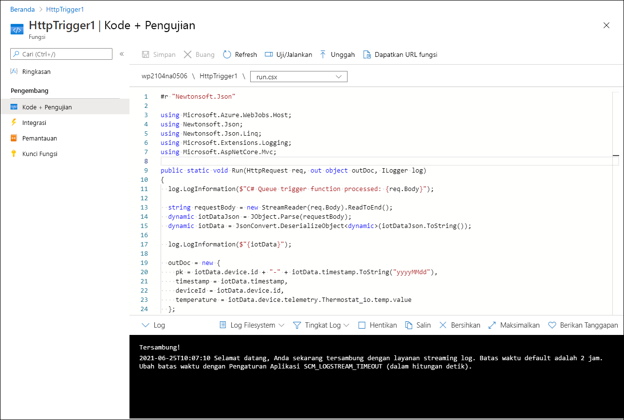 Screenshot of the Code + Test pane of the HttpTrigger1 of the Azure Function app in the Azure portal displaying the code.