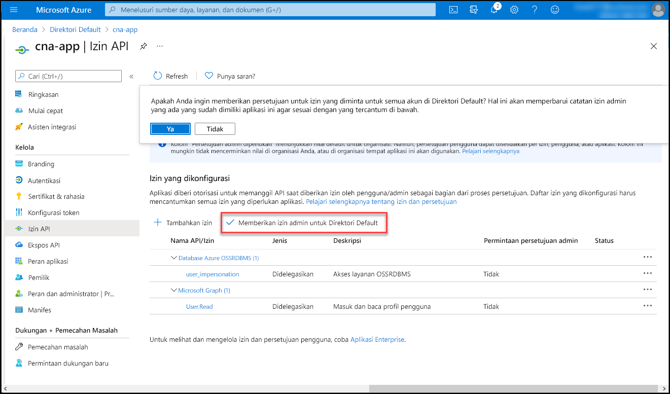 Screenshot of the cna-app API permissions blade in the Azure portal, with the prompt to confirm granting of the admin consent.