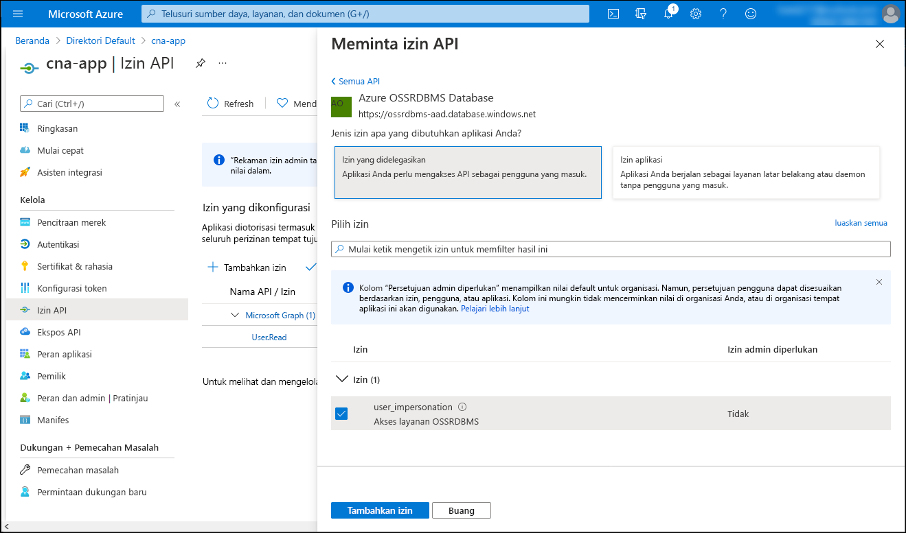 Screenshot of the Request API permissions blade in the Azure portal, with the Delegated permissions option selected.