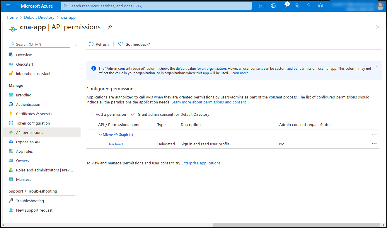 Screenshot of the cna-app API permissions blade in the Azure portal.