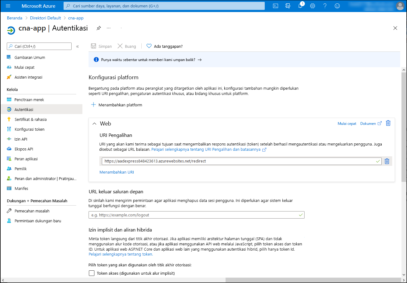 Screenshot of the cna-app Authentication blade in the Azure portal.