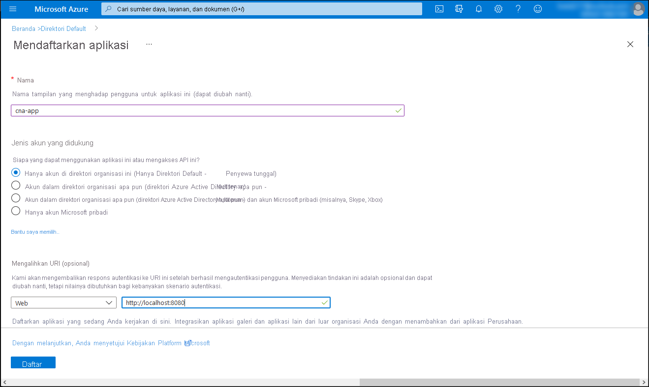 Screenshot of the Register an application blade in the Azure portal.