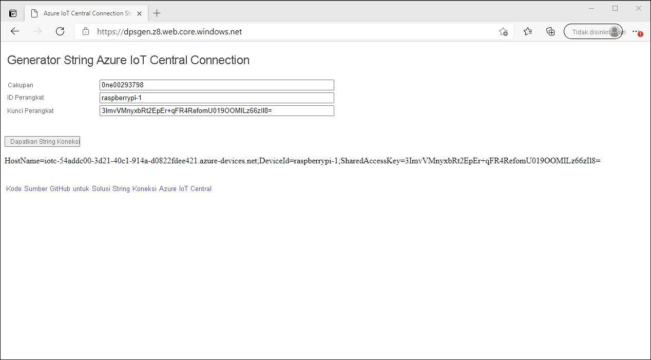 Screenshot of the Azure IoT Central Connection String Generator page.