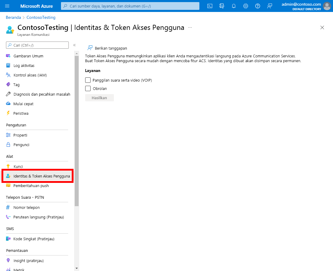 Screenshot of the Azure portal, showing the Identities & User Access Tokens menu option highlighted.