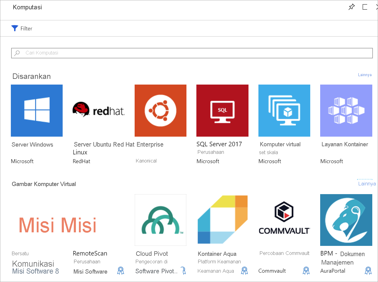 Cuplikan layar memperlihatkan daftar Marketplace Azure komputer virtual.