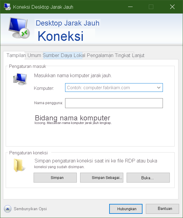 Cuplikan layar antarmuka pengguna klien Protokol Desktop Jarak Jauh.