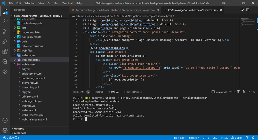 Screenshot of the Visual Studio Code for a more complex website developed in conjunction with a professional developer.