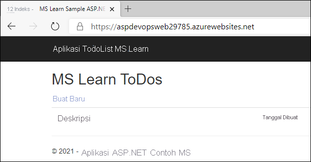 Browser web yang menampilkan contoh ASP.NET yang diterapkan ke aplikasi web Azure.