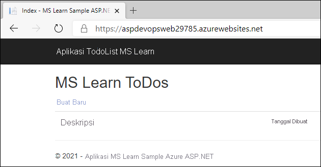 Browser web yang menampilkan contoh ASP.NET yang diterapkan ke aplikasi web Azure setelah perubahan pada repo GitHub.
