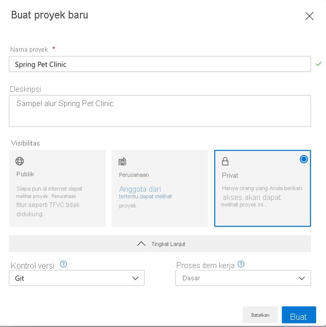 Cuplikan layar menampilkan formulir Azure Project baru.