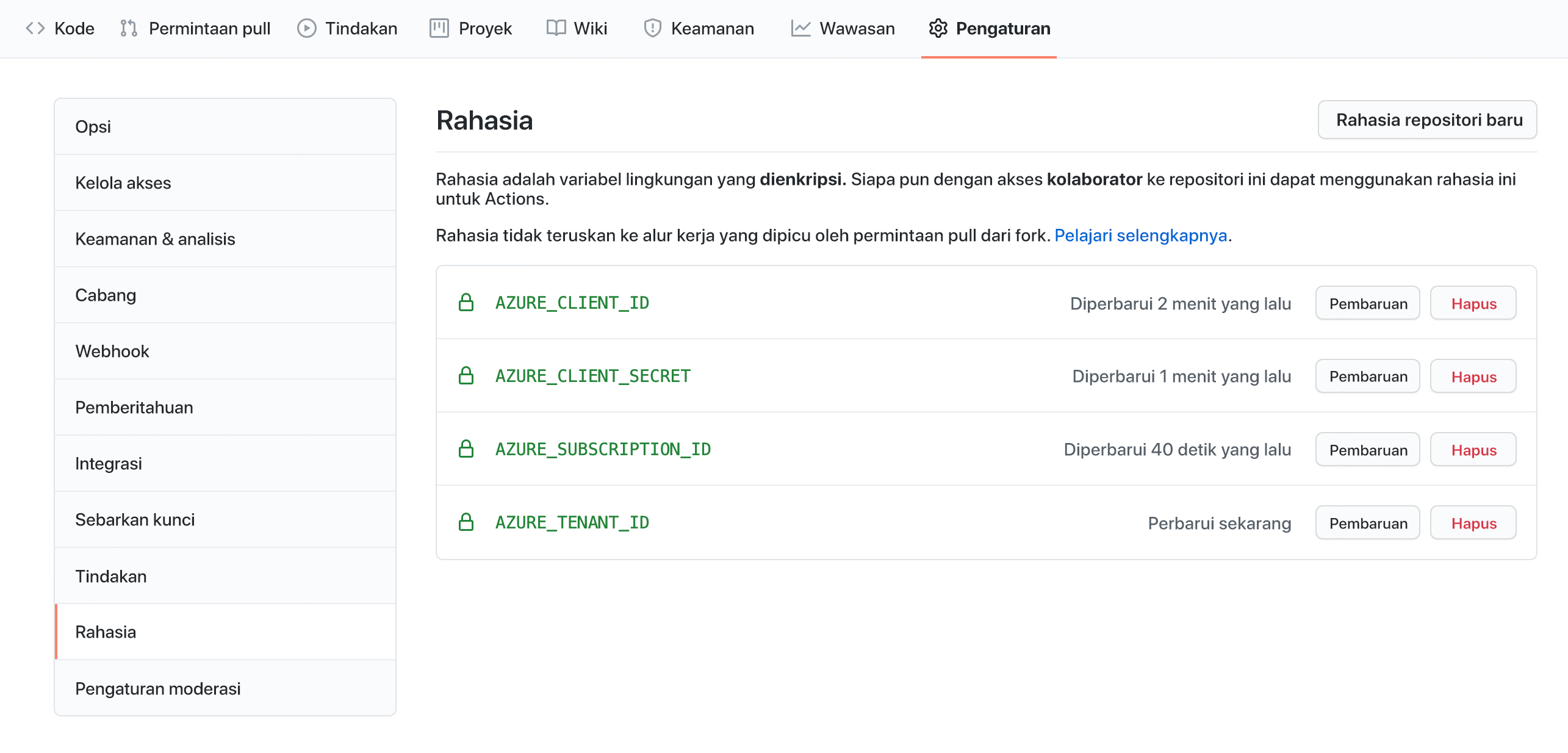 Cuplikan layar memperlihatkan rahasia yang disimpan di panel Rahasia di bawah Pengaturan GitHub.