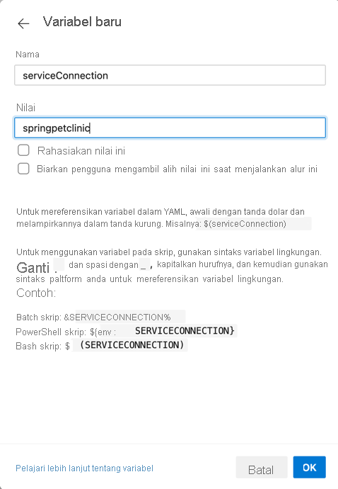 Cuplikan layar yang menampilkan variabel Principal Layanan baru.