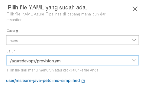 Cuplikan layar menampilkan formulir Azure Pipeline baru.