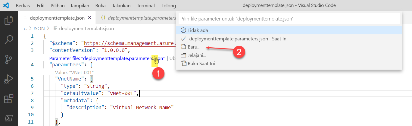 Cuplikan layar yang memperlihatkan pilihan untuk membuat file parameter di Visual Studio Code.