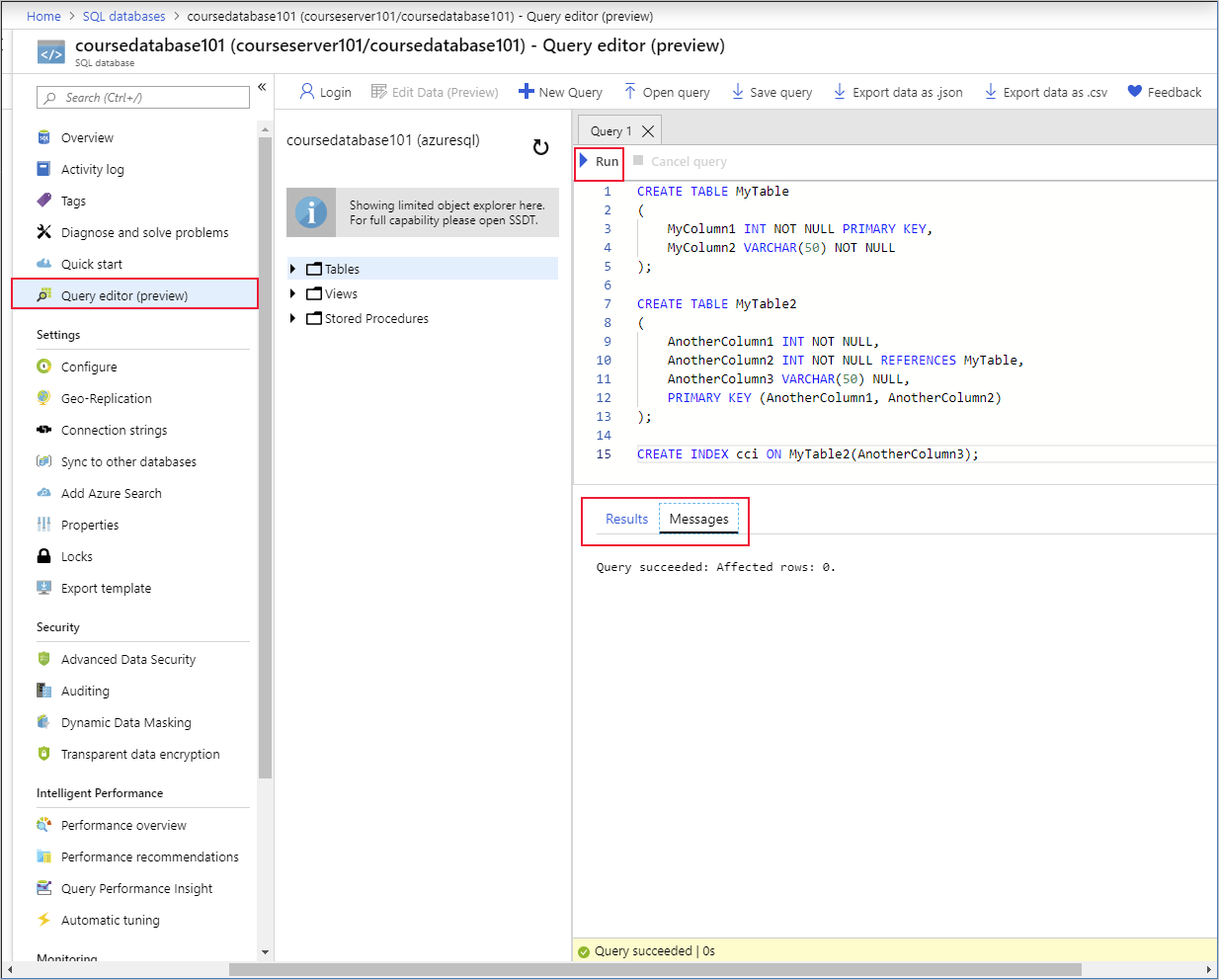 The query editor in the Azure portal with the various panes highlighted.