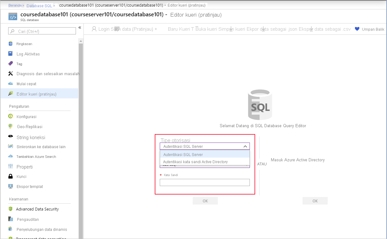 The SQL Database sign-in page in the Azure portal.