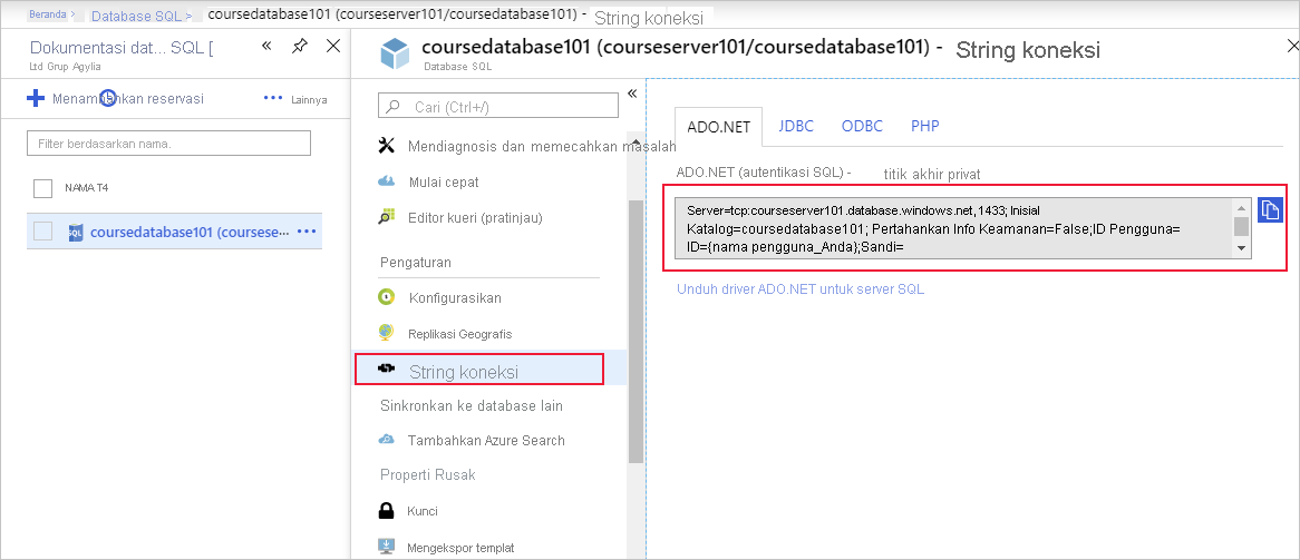 The connection string pane in the Azure portal.
