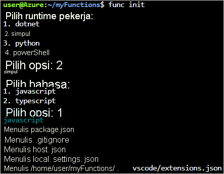 Output from func init creating a JavaScript function project.