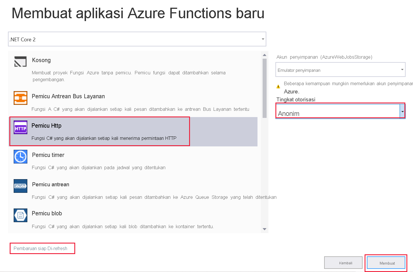 Cuplikan layar yang menampilkan pemicu Azure Functions, dengan Pemicu HTTP disorot.