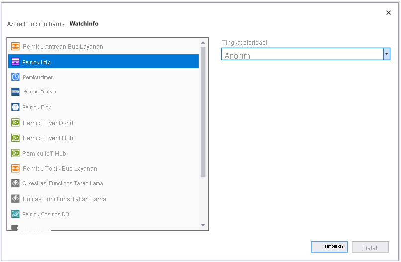 Cuplikan layar jendela Fungsi Azure Baru. Pemicu Http dengan hak akses Anonim dipilih.
