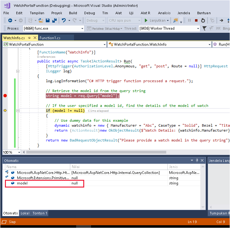 Cuplikan layar penelusur kesalahan Visual Studio yang menampilkan nilai variabel model.