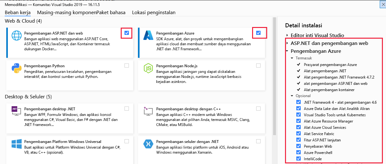 Cuplikan layar Visual Studio 2022 dengan beban kerja pengembangan asp dot net dan Azure disorot.