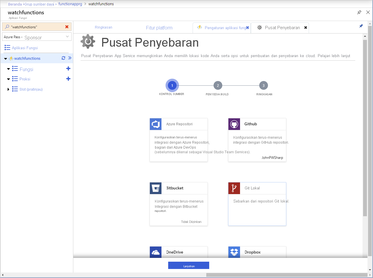 Cuplikan layar halaman Pusat Penyebaran di Aplikasi Azure Functions.