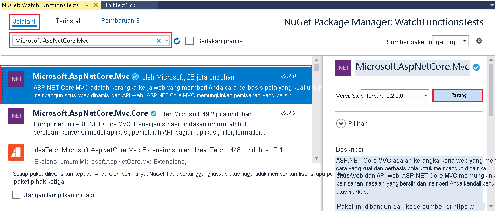 Cuplikan layar jendela Manajer Paket NuGet. Pengguna sedang menginstal paket Microsoft.AspNetCore.Mvc.