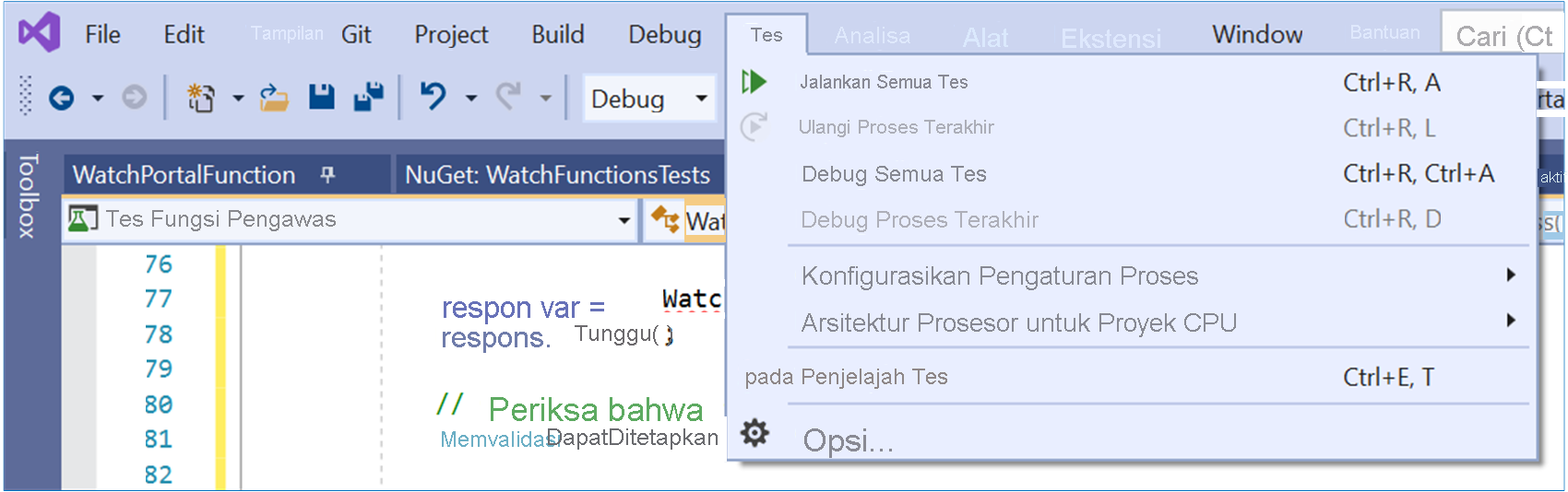 Cuplikan layar menu Uji di Visual Studio. Pengguna telah memilih Jalankan -> Semua Pengujian.