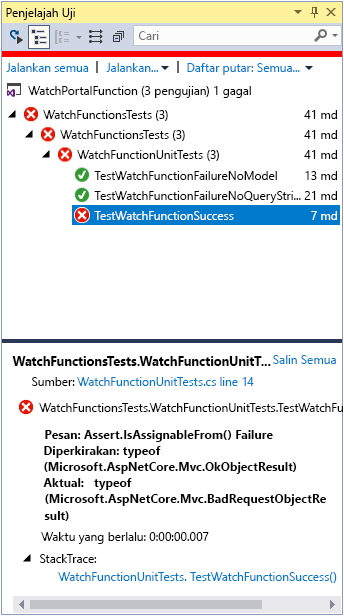 Cuplikan layar jendela Team Explorer. Uji TestWatchFunctionSuccess pengujian gagal.