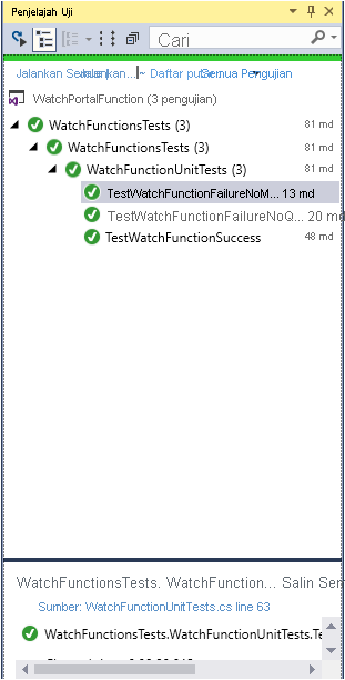 Cuplikan layar jendela Team Explorer. Ketiga tes berjalan dengan sukses.
