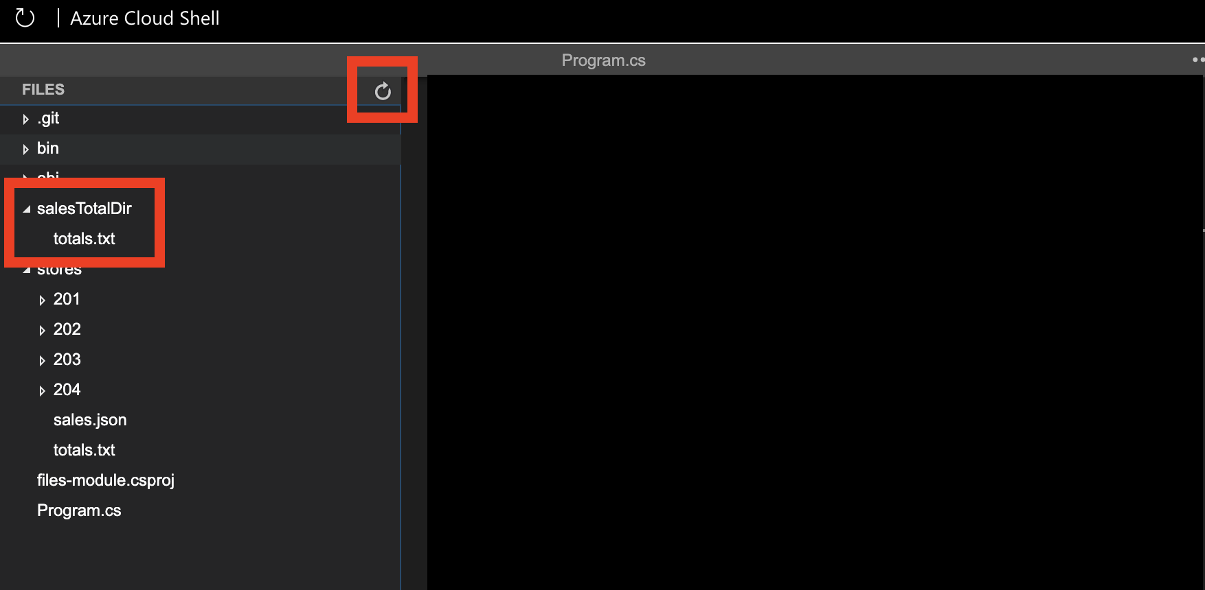 Cuplikan layar ikon Refresh di penjelajah File editor Cloud Shell.
