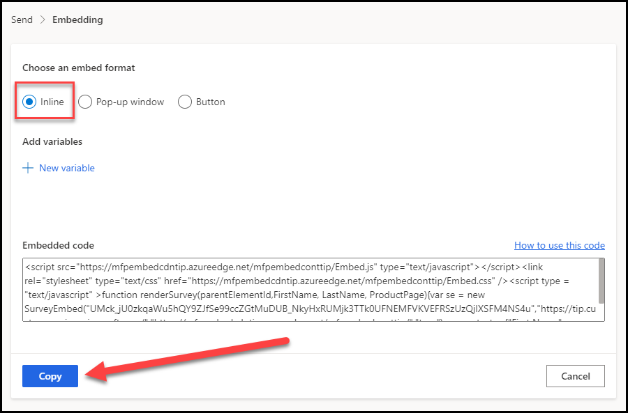 On Send > Embedding, under Choose an embed format, Inline is selected and highlighted. Below the Embedded code box, an arrow points to the Copy button.