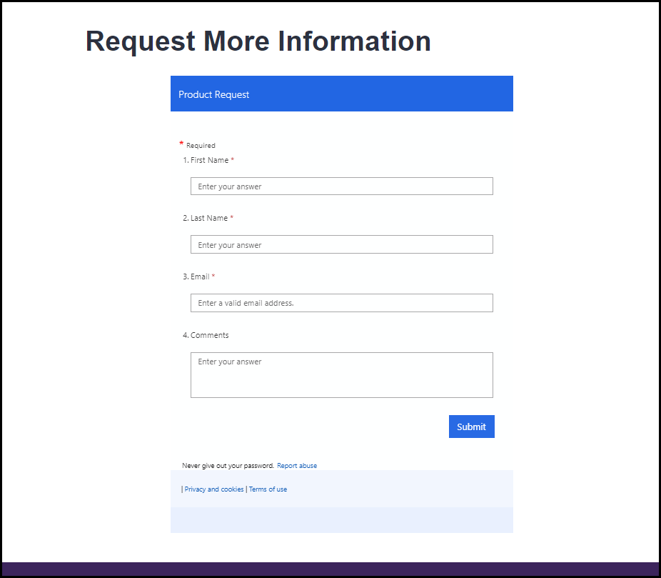 Embedded survey shows Request More Information, Product Request, and the four questions along with a Submit button.