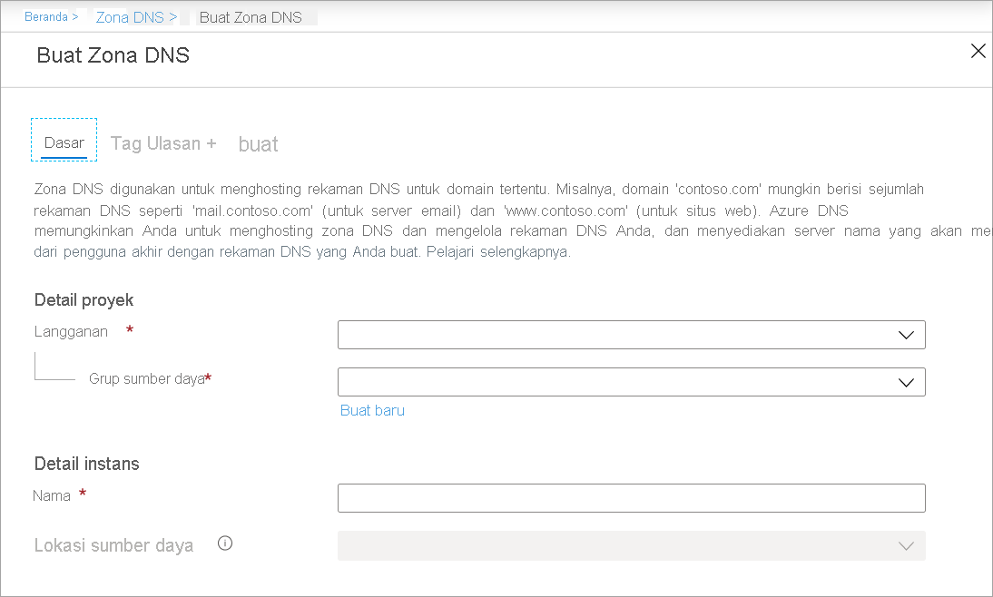 Screenshot of Create DNS zone page.