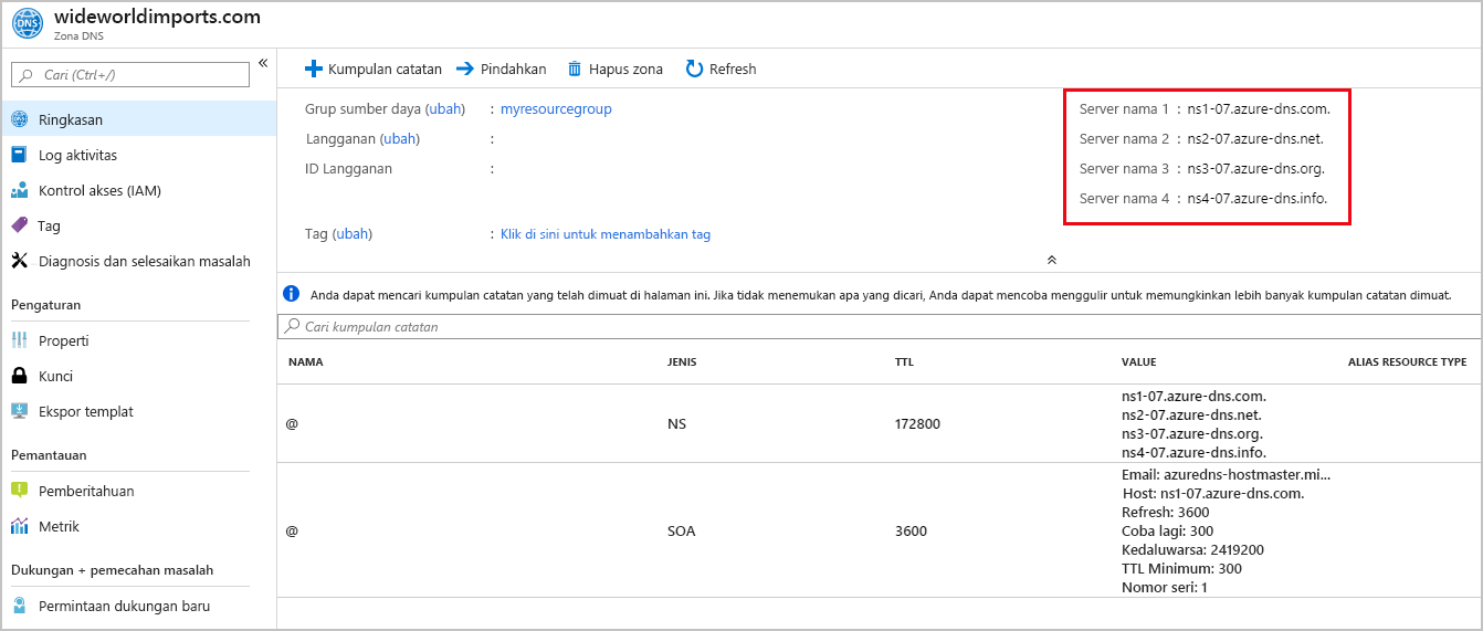 Screenshot of the name server details on the DNS zone page.